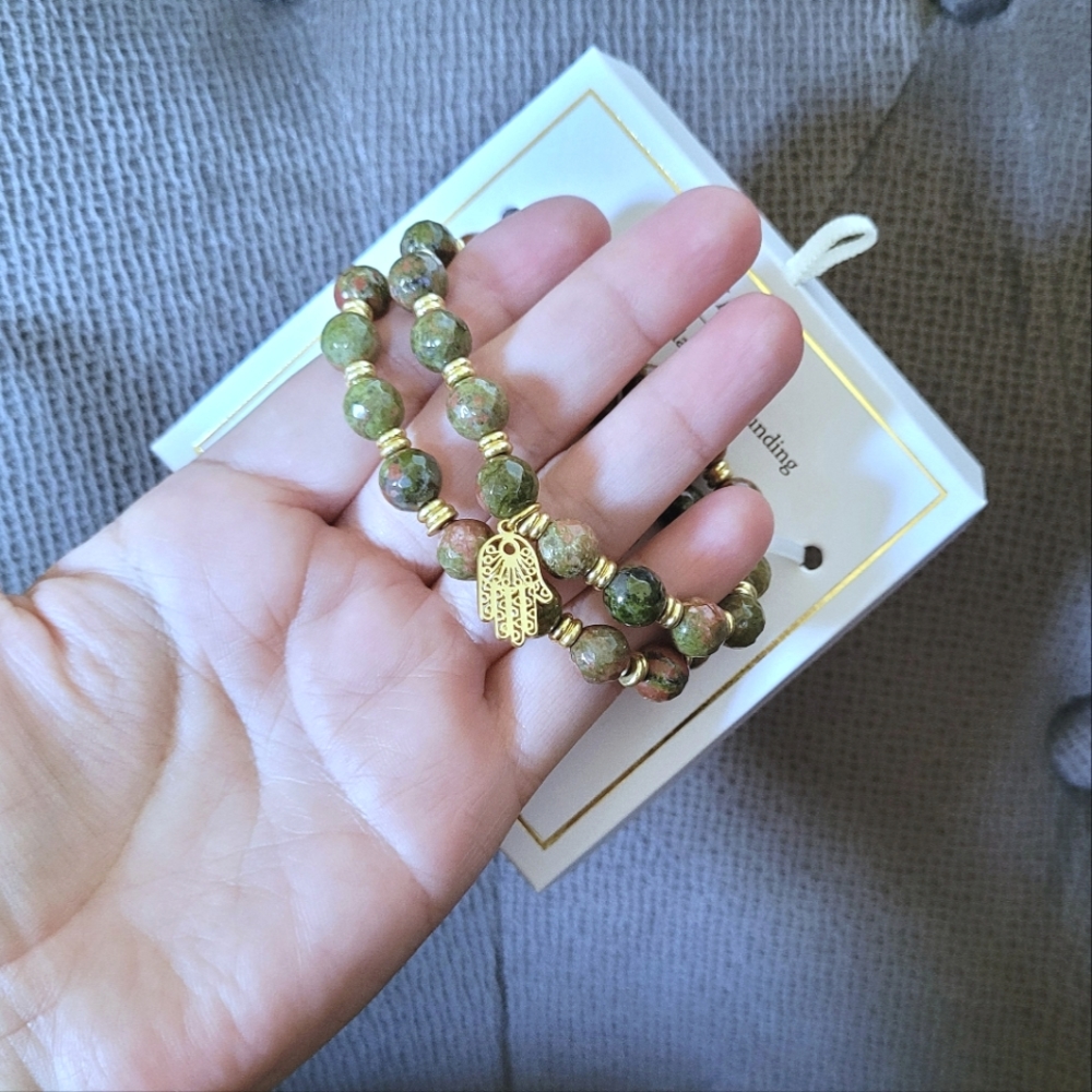 Shivam Unakite Stretch Bracelet Duo✌️ with Hamsa🤚Charm - NIB - Picture 3 of 15